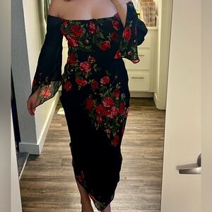 Silk Floral Off-Shoulder Long-Sleeve Black, Red, and Green Dress